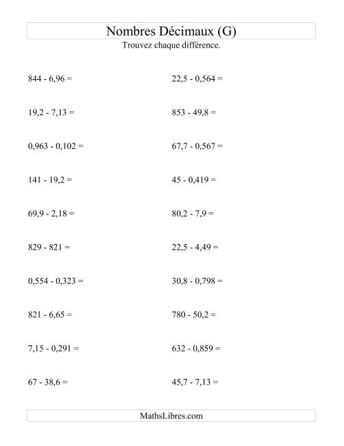 Soustraction horizontale de nombres décimaux (3 décimales) (G)