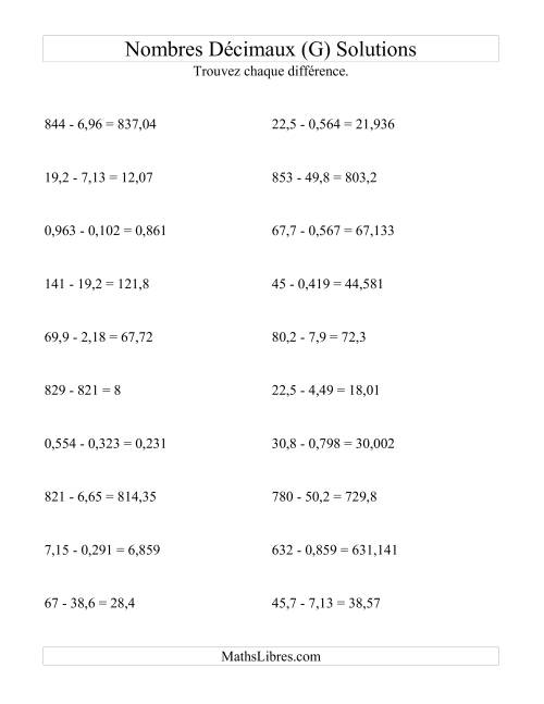 Soustraction horizontale de nombres décimaux (3 décimales) (G) page 2