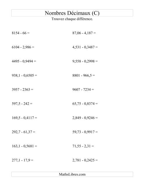Soustraction horizontale de nombres décimaux (4 décimales) (C)