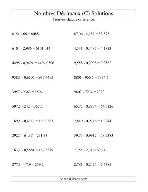 Soustraction horizontale de nombres décimaux (4 décimales) (C) page 2