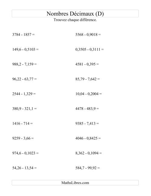 Soustraction horizontale de nombres décimaux (4 décimales) (D)
