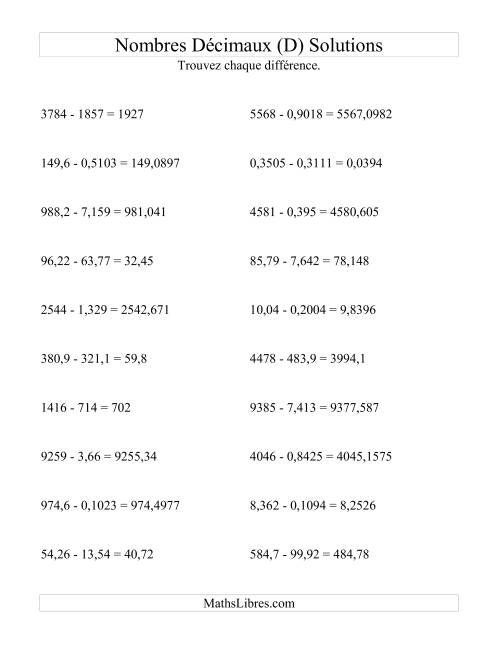 Soustraction horizontale de nombres décimaux (4 décimales) (D) page 2
