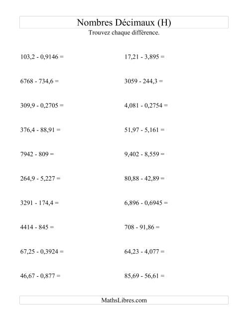 Soustraction horizontale de nombres décimaux (4 décimales) (H)