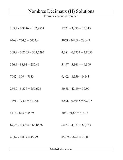 Soustraction horizontale de nombres décimaux (4 décimales) (H) page 2