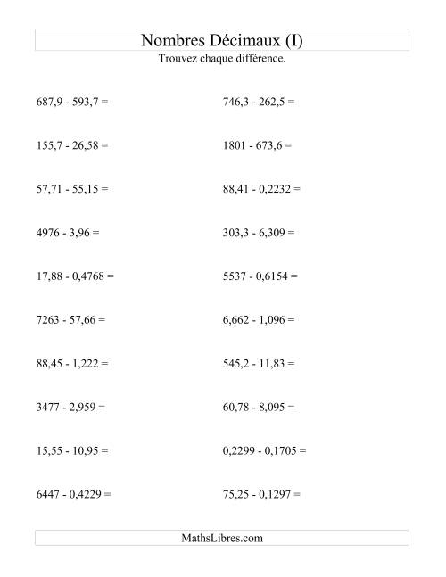 Soustraction horizontale de nombres décimaux (4 décimales) (I)