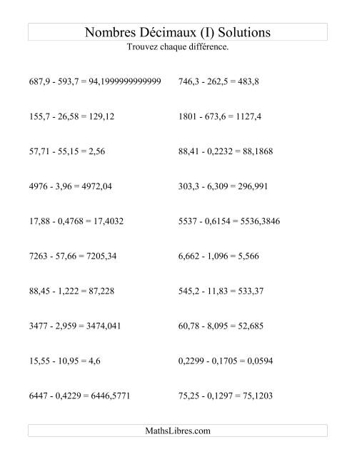 Soustraction horizontale de nombres décimaux (4 décimales) (I) page 2