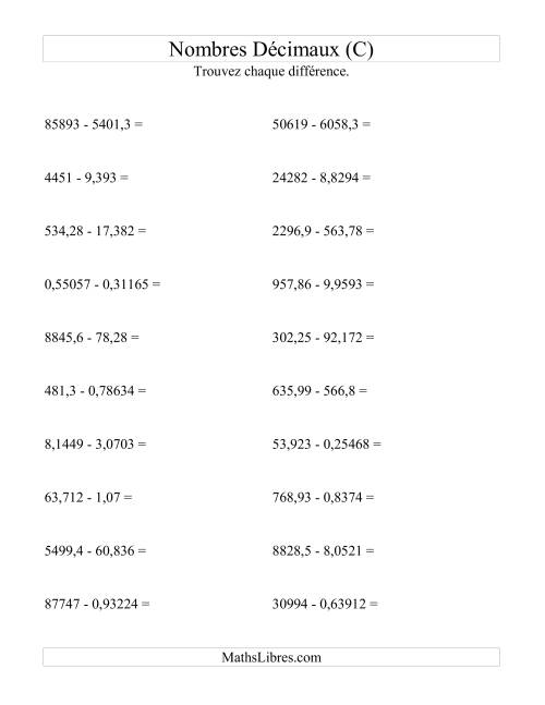 Soustraction horizontale de nombres décimaux (5 décimales) (C)