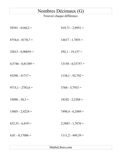 Soustraction horizontale de nombres décimaux (5 décimales) (G)