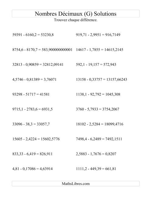Soustraction horizontale de nombres décimaux (5 décimales) (G) page 2
