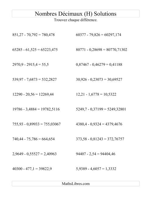 Soustraction horizontale de nombres décimaux (5 décimales) (H) page 2