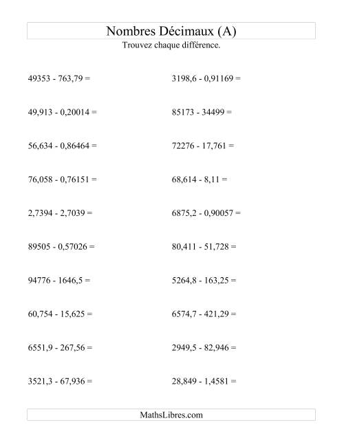 Soustraction horizontale de nombres décimaux (5 décimales) (Tout)