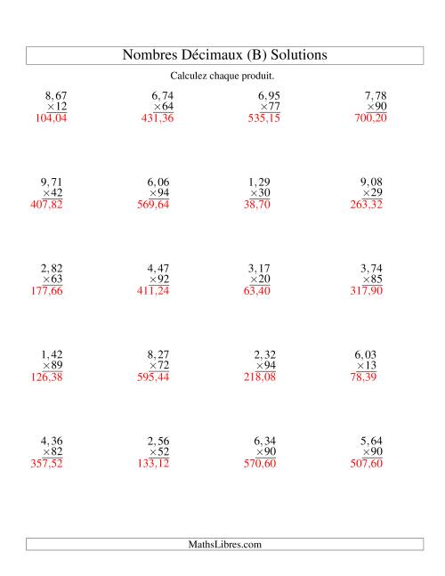 Multiplication de nombres décimaux -- Centièmes 3-chiffres × entiers 2-chiffres (B) page 2