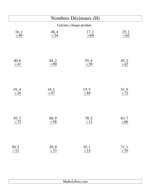 Multiplication de nombres décimaux -- Dixièmes 3-chiffres × entiers 2-chiffres (H)