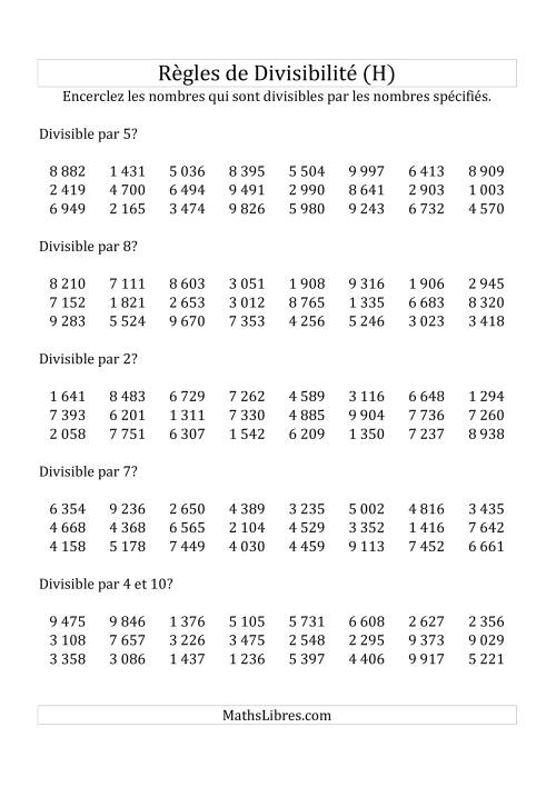 Divisibilité par chiffres 2 à 10 -- 4-chiffres (H)