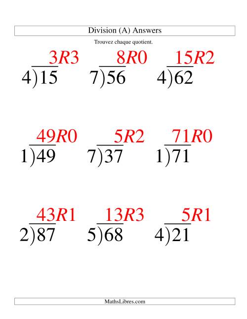 Division Longue -- Diviseur Un-Chiffre et Dividende Deux-Chiffres -- Quotient Entier (Gros Caractères) page 2