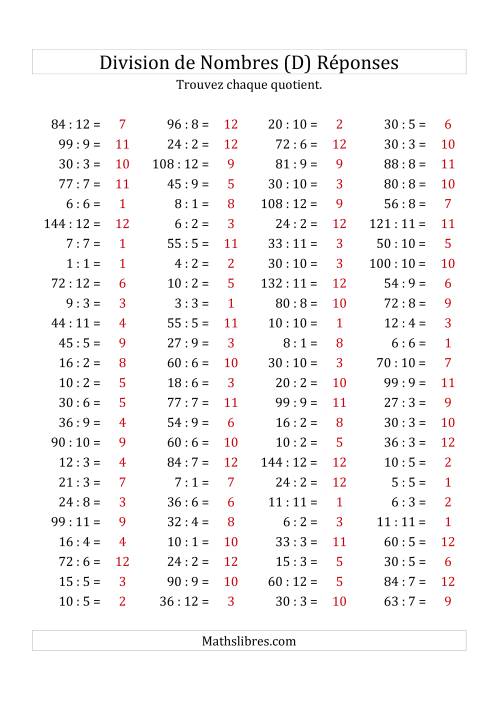 Division de Nombres Jusqu'à 144 (D) page 2