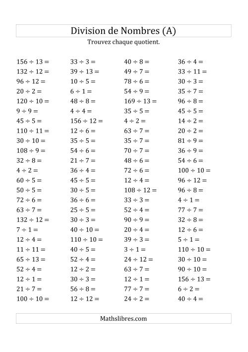 Division de Nombres Jusqu'à 169 (A)