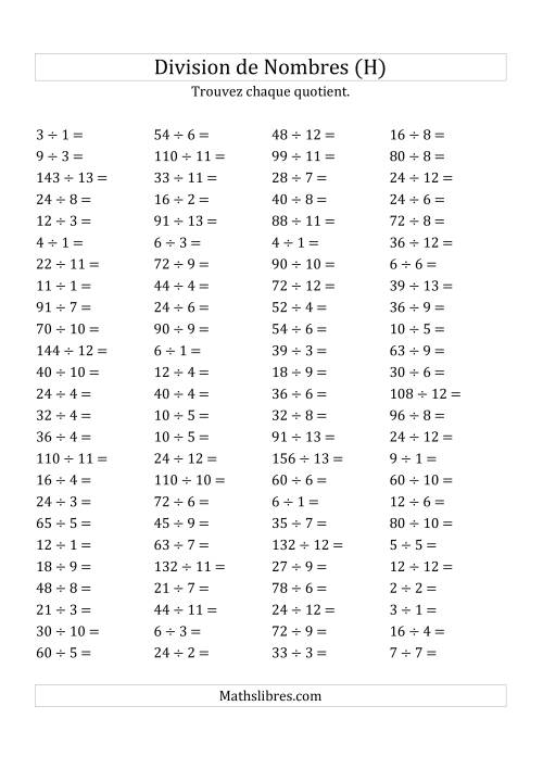 Division de Nombres Jusqu'à 169 (H)