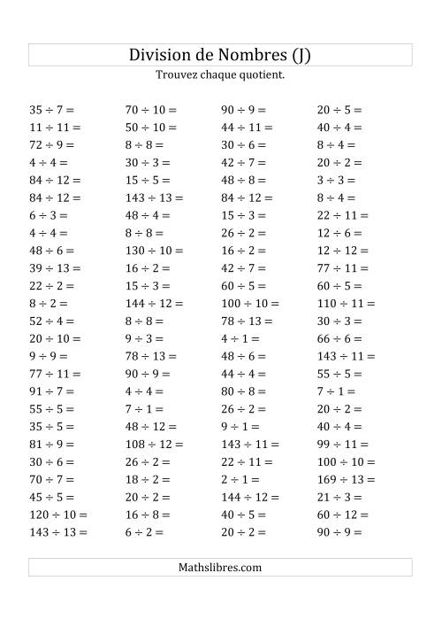 Division de Nombres Jusqu'à 169 (J)