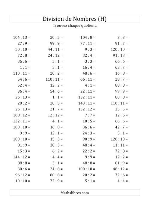 Division de Nombres Jusqu'à 169 (H)