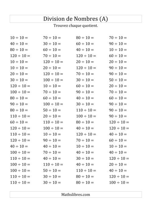 Division de Nombres Par 10 (Quotient 1 - 12) (A)