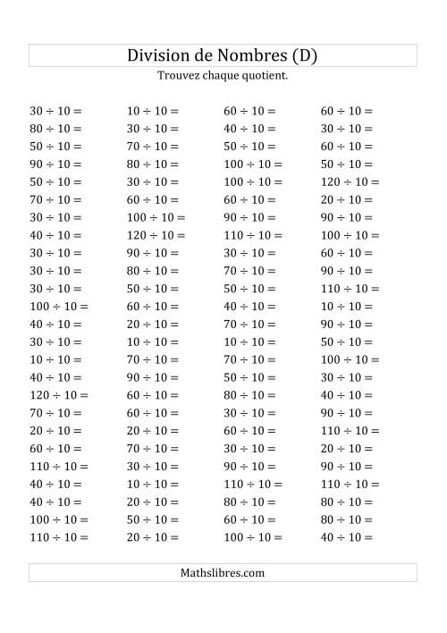 Division de Nombres Par 10 (Quotient 1 - 12) (D)