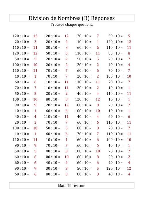Division de Nombres Par 10 (Quotient 1 - 12) (B) page 2