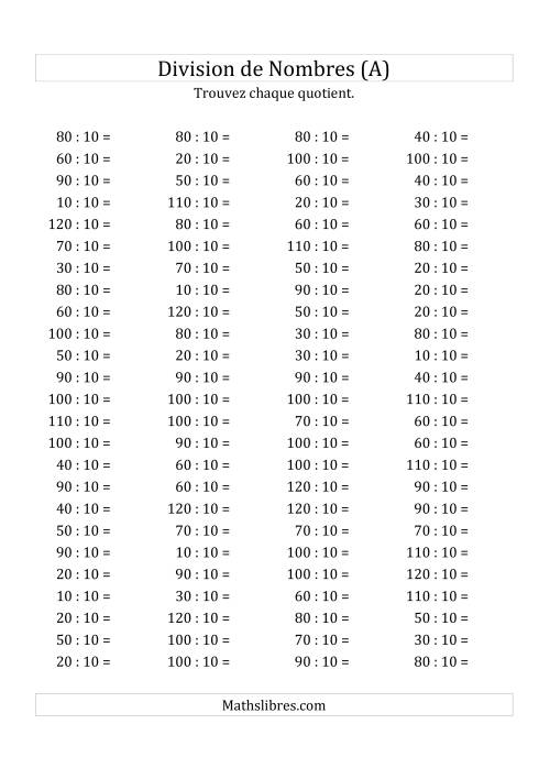 Division de Nombres Par 10 (Quotient 1 - 12) (Tout)