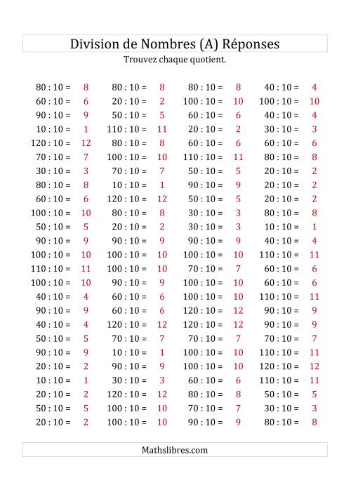 Division de Nombres Par 10 (Quotient 1 - 12) (Tout) page 2