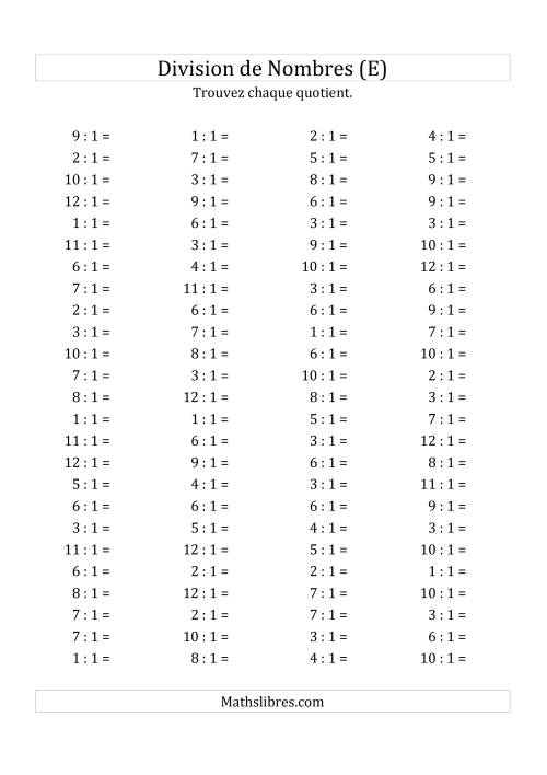 Division de Nombres Par 1 (Quotient 1 - 12) (E)