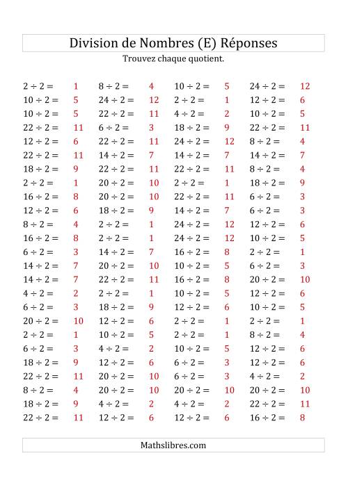 Division de Nombres Par 2 (Quotient 1 - 12) (E) page 2