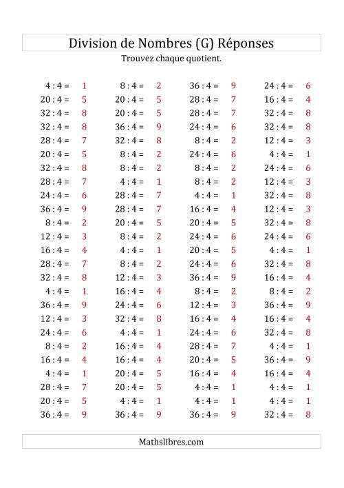 Division de Nombres Par 4 (Quotient 1 - 9) (G) page 2