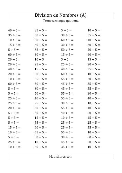 Division de Nombres Par 5 (Quotient 1 - 12) (A)