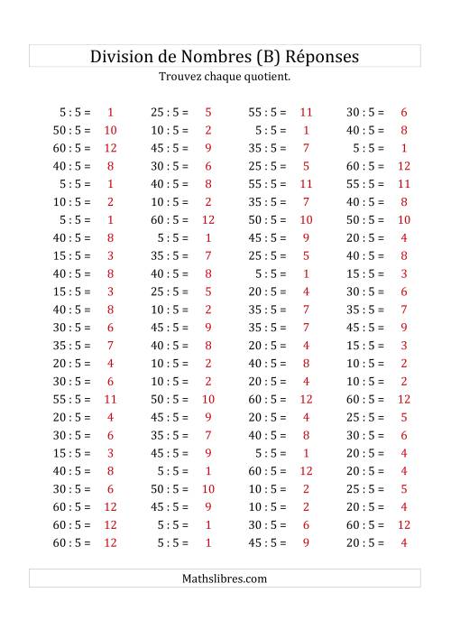 Division de Nombres Par 5 (Quotient 1 - 12) (B) page 2
