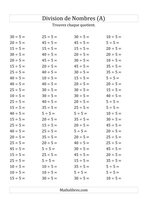Division de Nombres Par 5 (Quotient 1 - 9) (A)