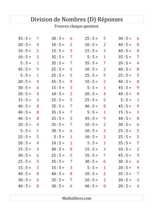 Division de Nombres Par 5 (Quotient 1 - 9) (D) page 2