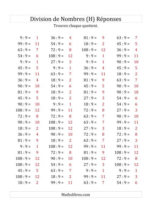 Division de Nombres Par 9 (Quotient 1 - 12) (H) page 2