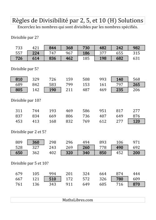 Divisibilité par 2, 5 et 10 -- 3-chiffres (H) page 2