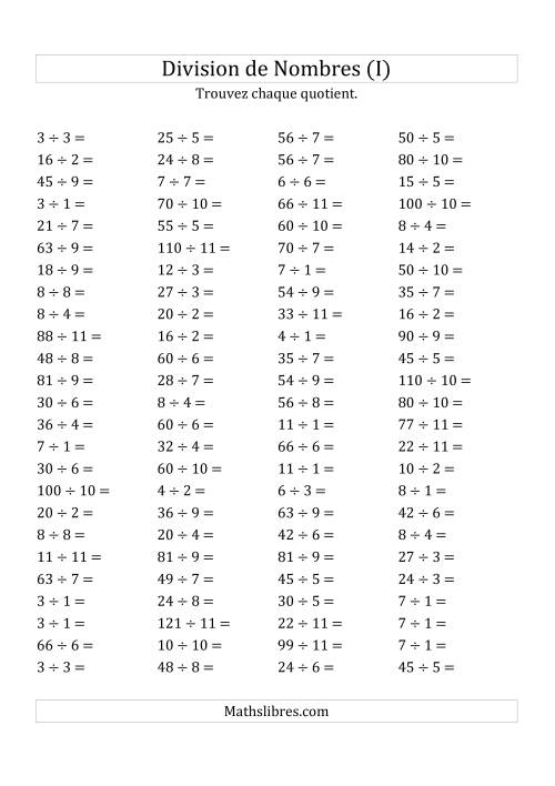 Division de Nombres Jusqu'à 121 (I)
