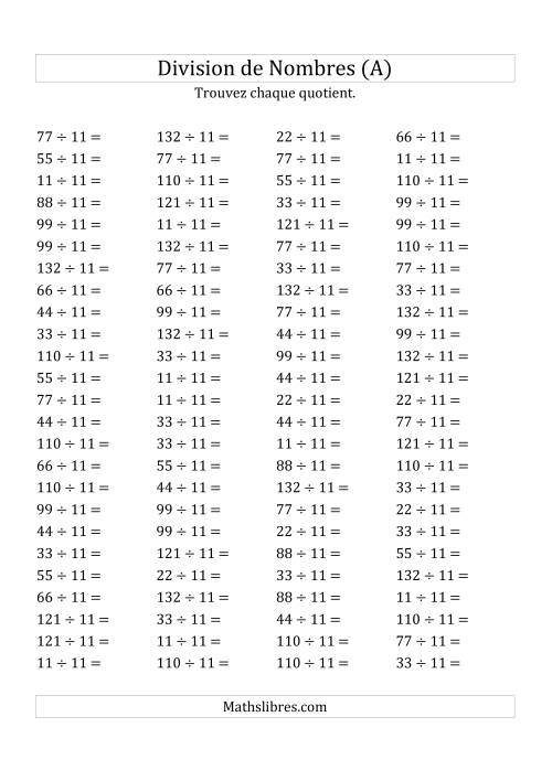 Division de Nombres Par 11 (Quotient 1 - 12) (A)