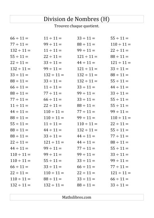 Division de Nombres Par 11 (Quotient 1 - 12) (H)