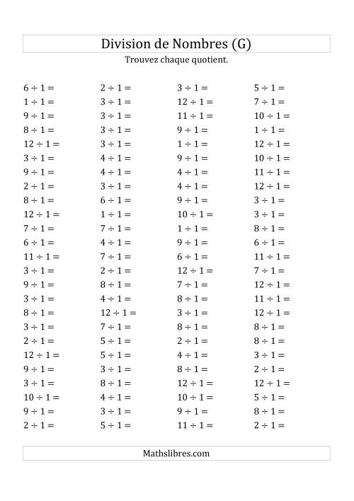 Division de Nombres Par 1 (Quotient 1 - 12) (G)