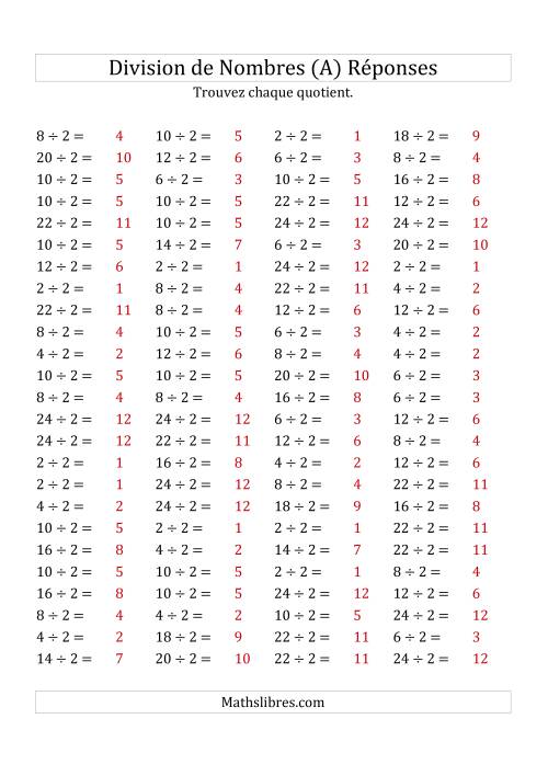Division de Nombres Par 2 (Quotient 1 - 12) (A) page 2