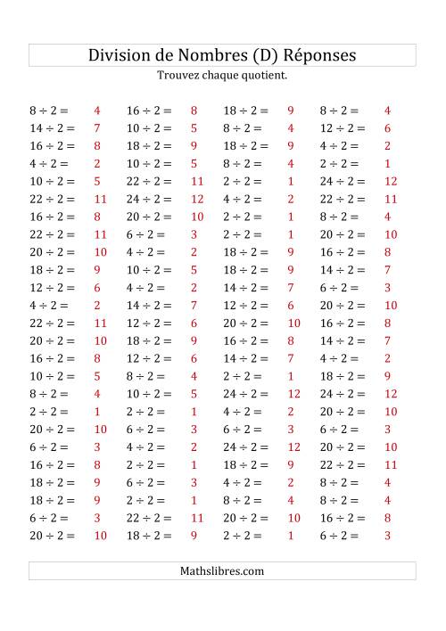 Division de Nombres Par 2 (Quotient 1 - 12) (D) page 2