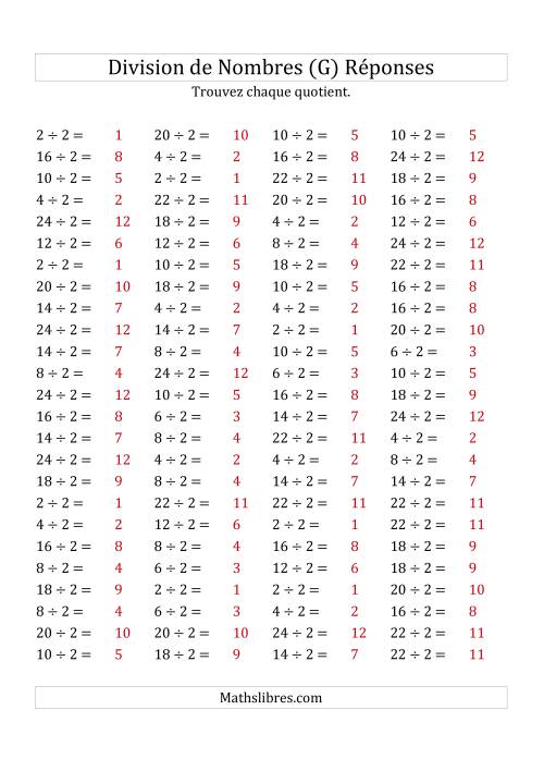 Division de Nombres Par 2 (Quotient 1 - 12) (G) page 2