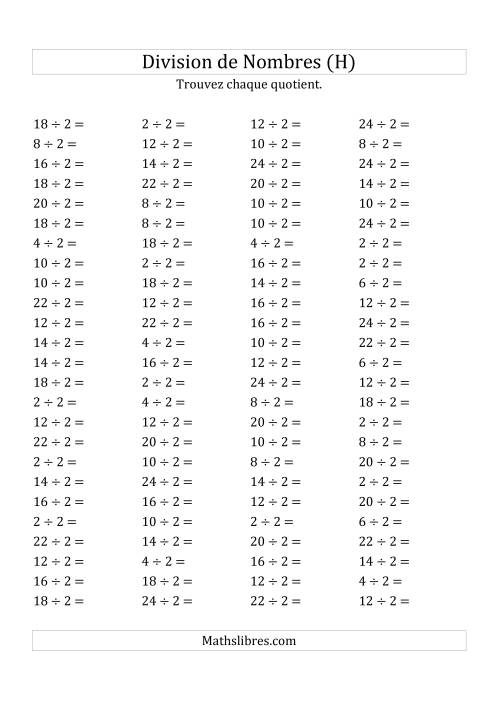 Division de Nombres Par 2 (Quotient 1 - 12) (H)