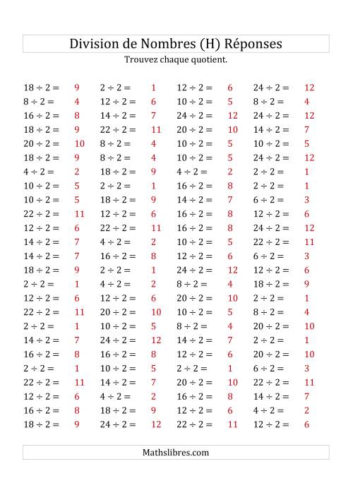 Division de Nombres Par 2 (Quotient 1 - 12) (H) page 2