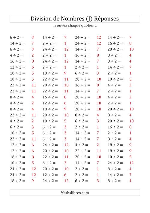 Division de Nombres Par 2 (Quotient 1 - 12) (J) page 2