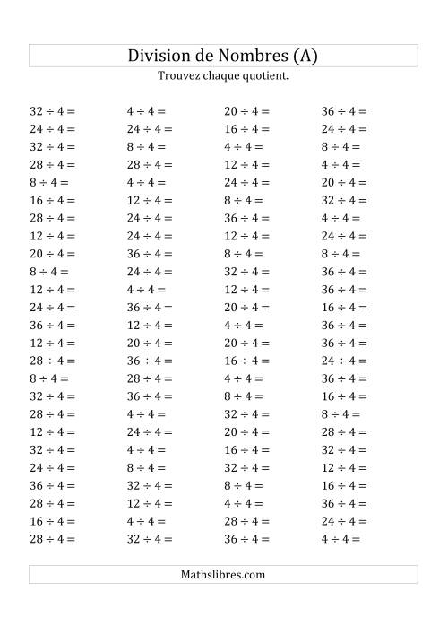 Division de Nombres Par 4 (Quotient 1 - 9) (A)