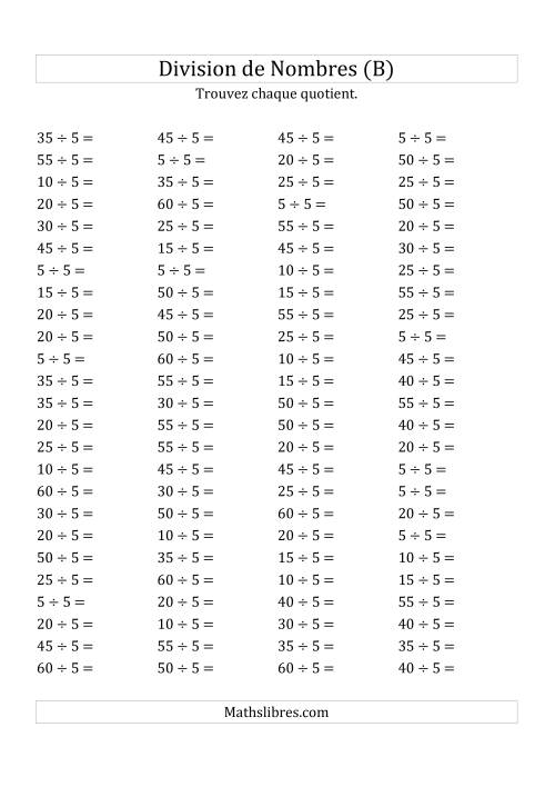 Division de Nombres Par 5 (Quotient 1 - 12) (B)